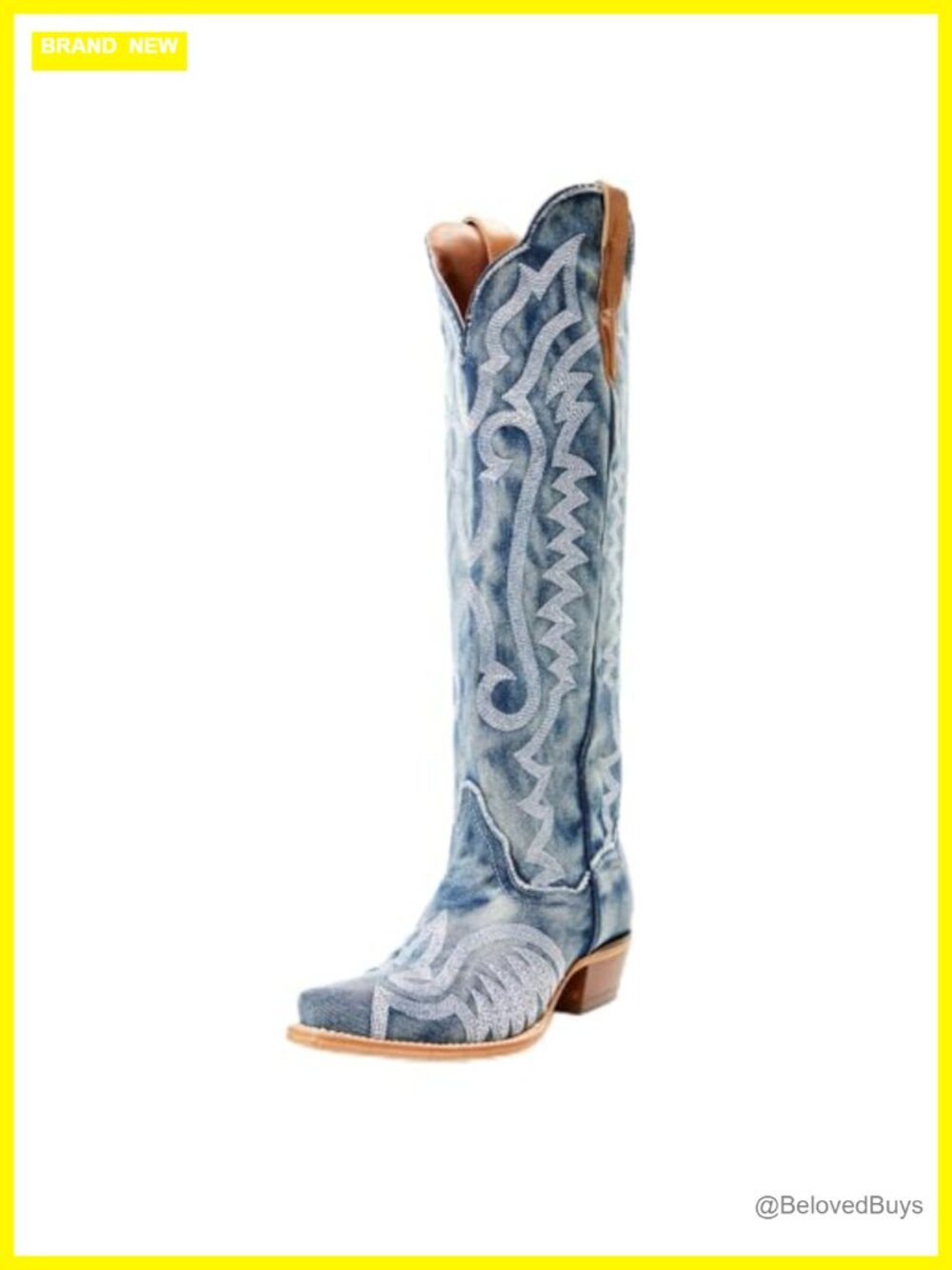 Women's Western Cowboy Boots Knee High Pointed Toe Zip Up Denim Cowgirl Boots
